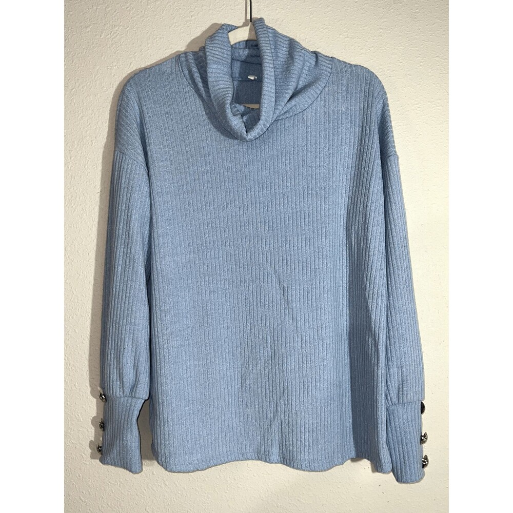 Blue mockneck long sleeve with gold buttons
